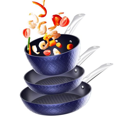 Frying Pan Sets Non Stick 3Pieces; Blue 3D Diamond Cookware; 20/24cm Frying Pan; 18cm Saucepan - Pots and Pans Set; Aluminum Ceramic Coating - Suitabl Frying Pan Sets Non Stick 3Pieces; Blue 3D Diamond Cookware; 20/24cm Frying Pan; 18cm Saucepan - Pots and Pans Set; Aluminum Ceramic Coating - Suitabl