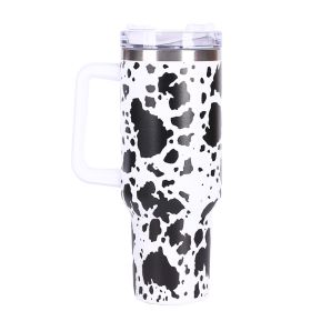 40oz 5D cowprint Insulated Tumbler With Handle And Straw Lid Portable Large Capacity water bottle, Heat preservation,304 Stainless Steel Cup For Outdo (Color: White Small cow print)