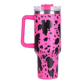 40oz 5D cowprint Insulated Tumbler With Handle And Straw Lid Portable Large Capacity water bottle, Heat preservation,304 Stainless Steel Cup For Outdo (Color: Rose Red cow print)