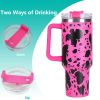 40oz 5D cowprint Insulated Tumbler With Handle And Straw Lid Portable Large Capacity water bottle, Heat preservation,304 Stainless Steel Cup For Outdo