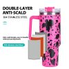 40oz 5D cowprint Insulated Tumbler With Handle And Straw Lid Portable Large Capacity water bottle, Heat preservation,304 Stainless Steel Cup For Outdo